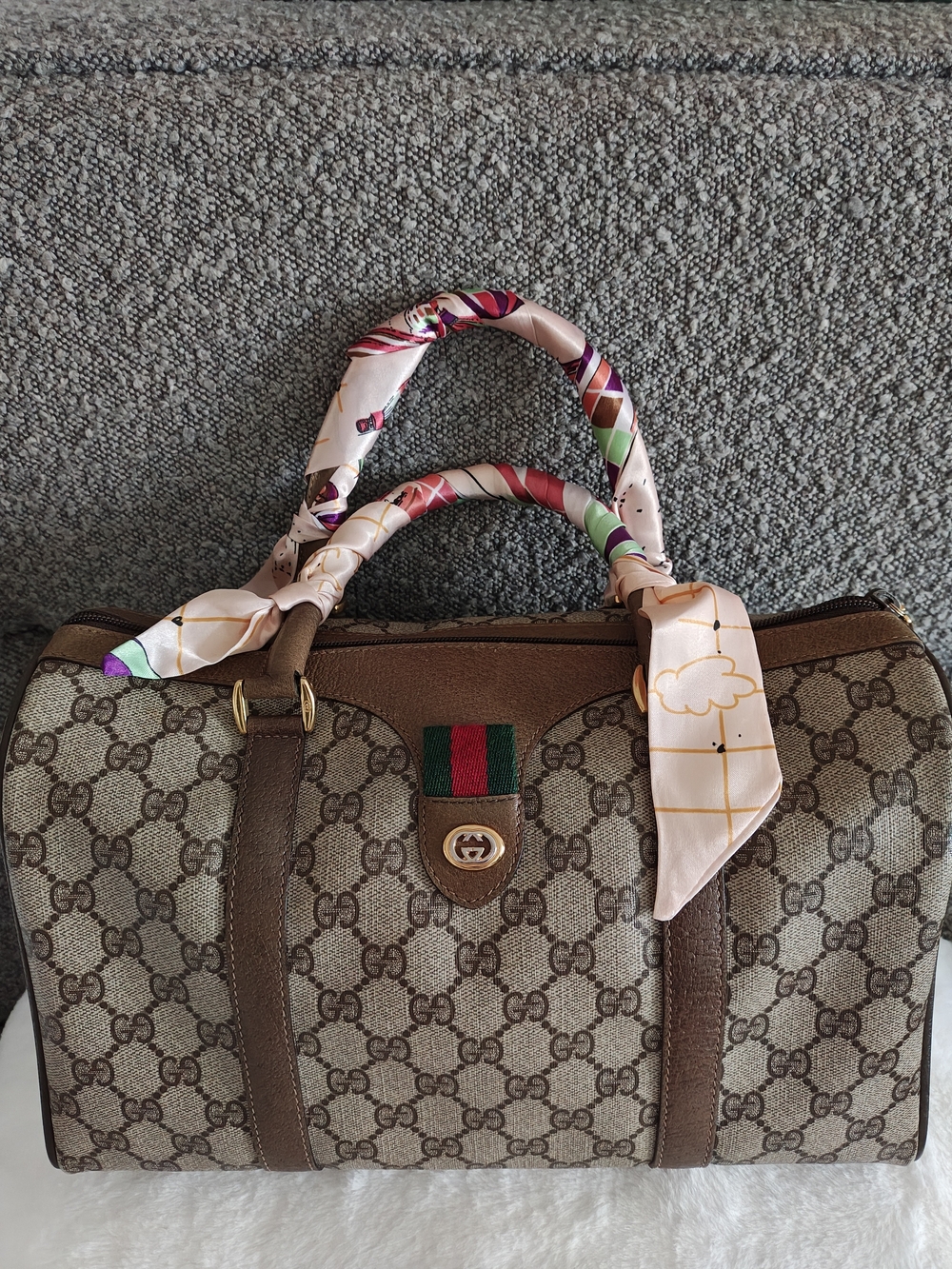 Beige Brown Monogram Dome Shoulder Bag with Pink Scarf-Wrapped Handles